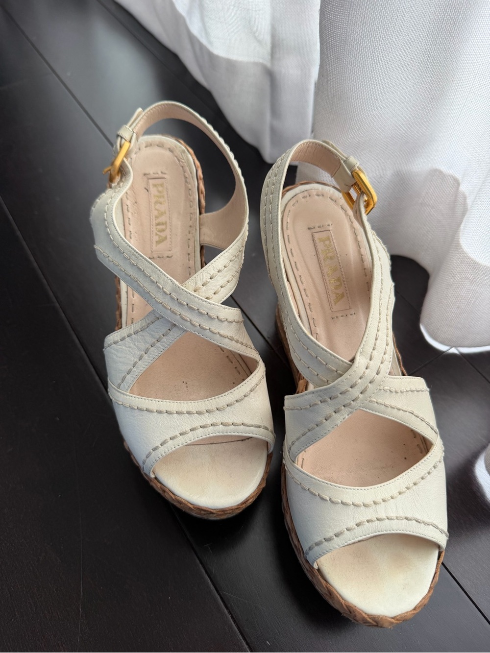 Prada Cream Leather Crisscross Wedge Sandals
